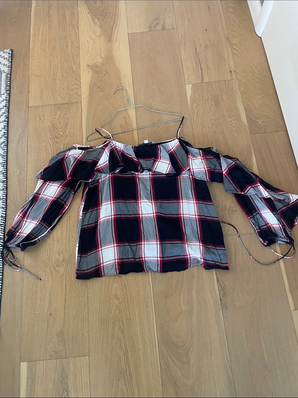 LOFT Off-Shoulder Plaid Tunic in Navy, White & Red